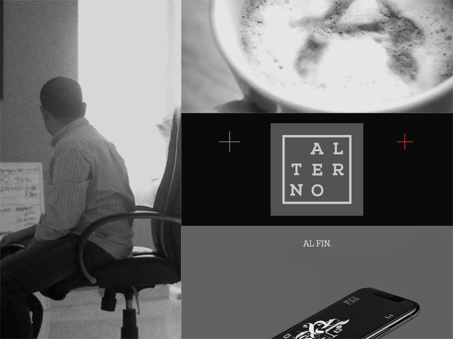 Collage editorial en blanco y negro con fotos de archivo de Alterno: oficina 2012, café con la A, logo de 2014 y website de 2017