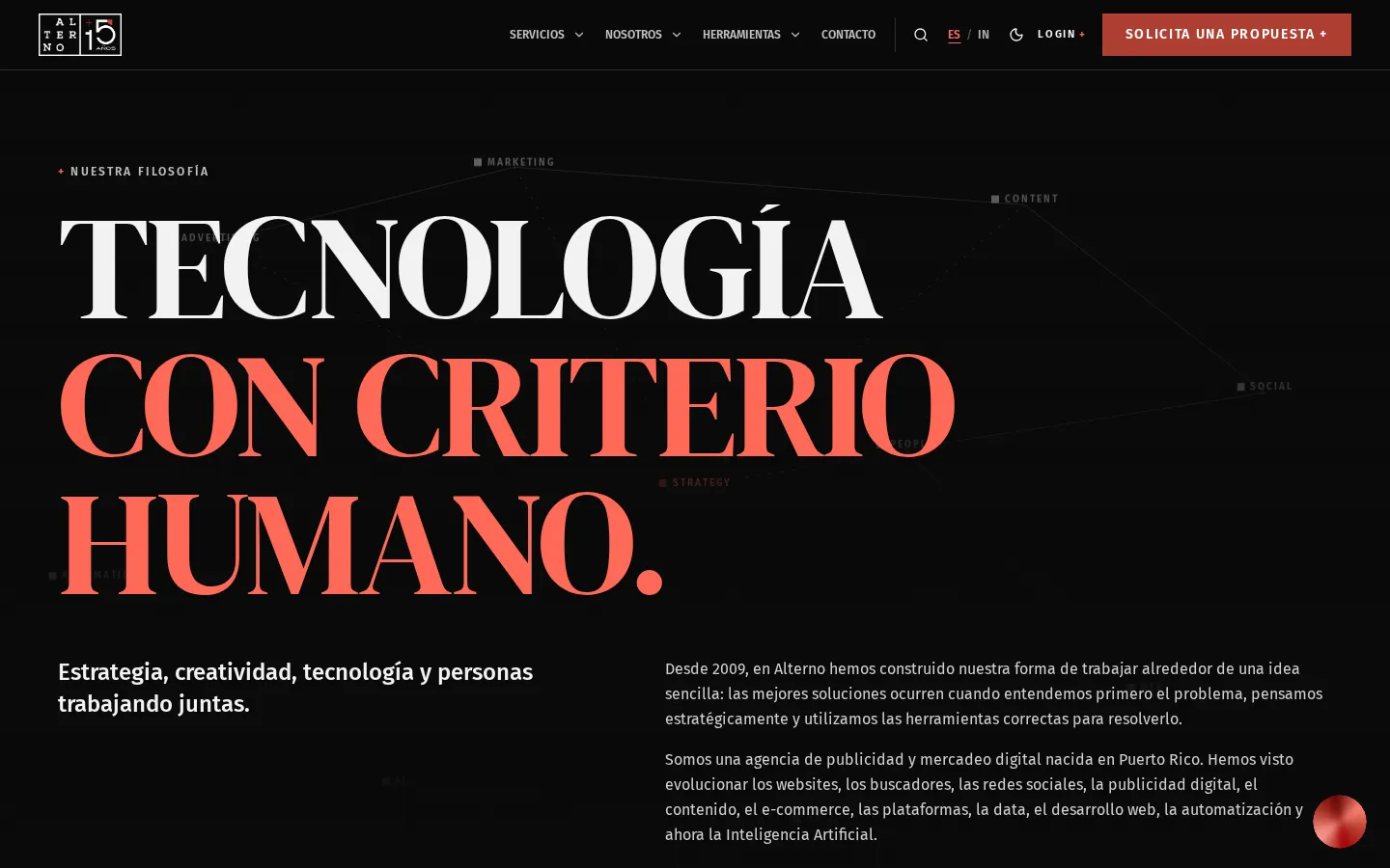 Página Nuestra filosofía en modo oscuro