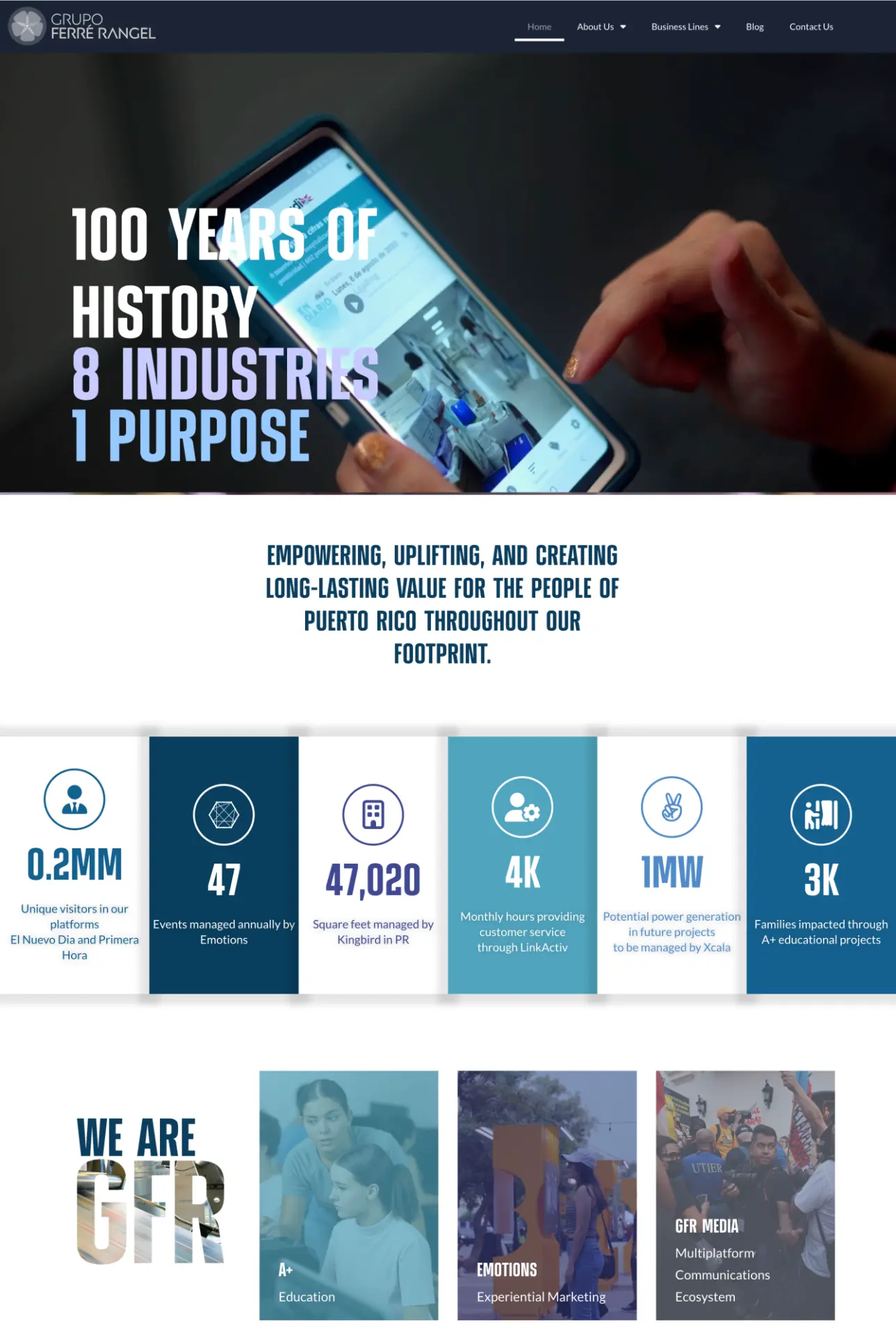 Website oficial de Grupo Ferré Rangel con el titular 100 Years of History, 8 Industries, 1 Purpose