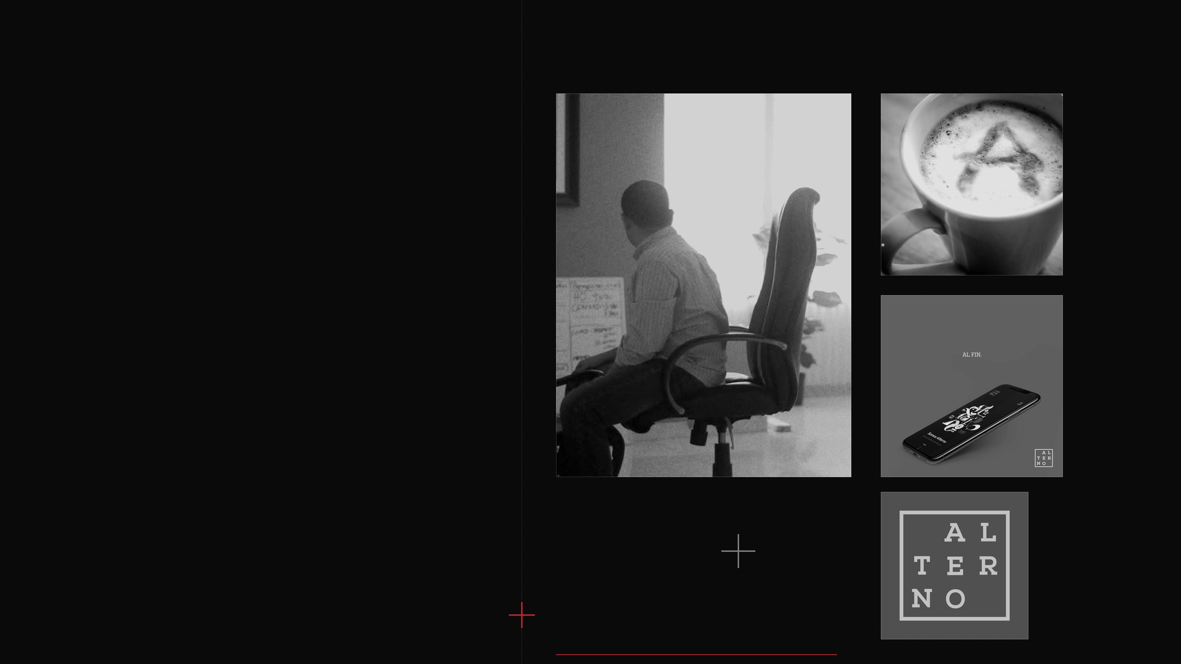 Collage editorial en blanco y negro con fotos de archivo de Alterno: oficina 2012, café con la A, logo de 2014 y website de 2017