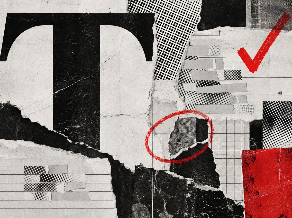 Collage abstracto en blanco y negro con acentos rojos alusivo a los términos y la privacidad